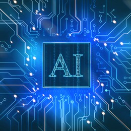 Image of Artificial intelligence. Electronic chip with AI abbreviation on circuit board, top view