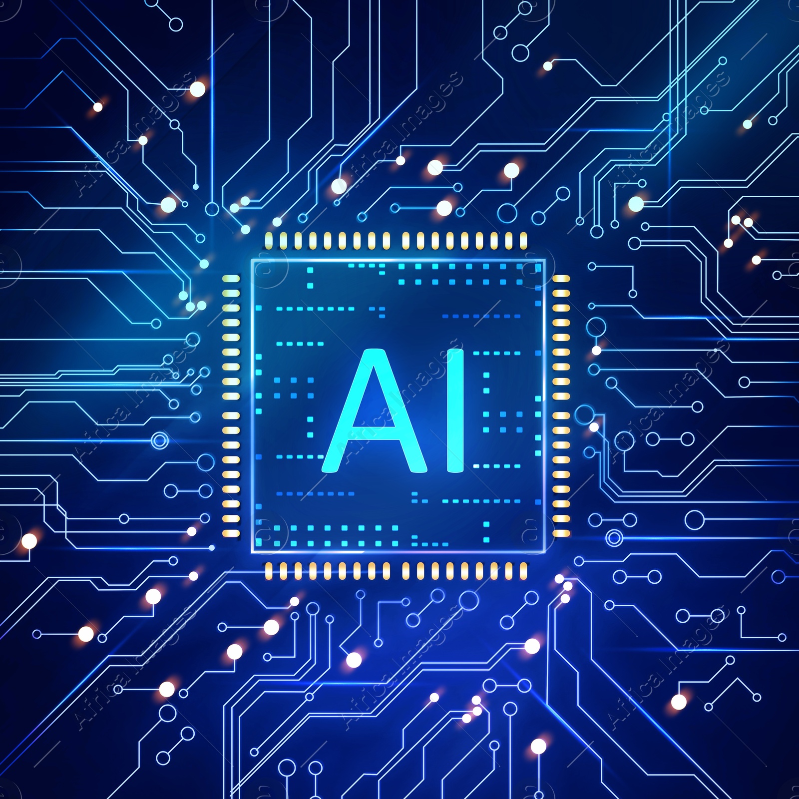 Image of Artificial intelligence. Electronic chip with AI abbreviation on circuit board, top view