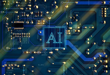 Image of Artificial intelligence. Electronic chip with AI abbreviation on circuit board, top view