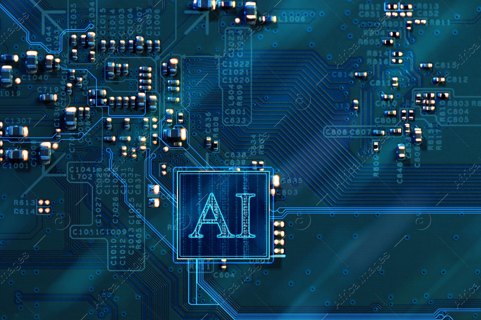 Image of Artificial intelligence. Electronic chip with AI abbreviation on circuit board, top view