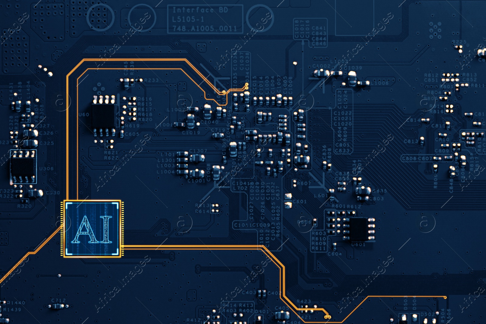 Image of Artificial intelligence. Electronic chip with AI abbreviation on circuit board, top view