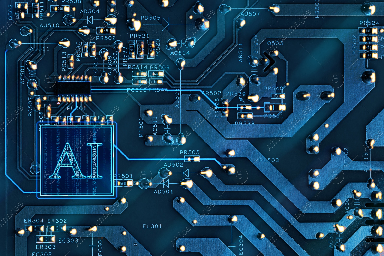 Image of Artificial intelligence. Electronic chip with AI abbreviation on circuit board, top view