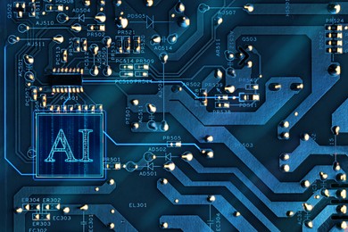 Image of Artificial intelligence. Electronic chip with AI abbreviation on circuit board, top view