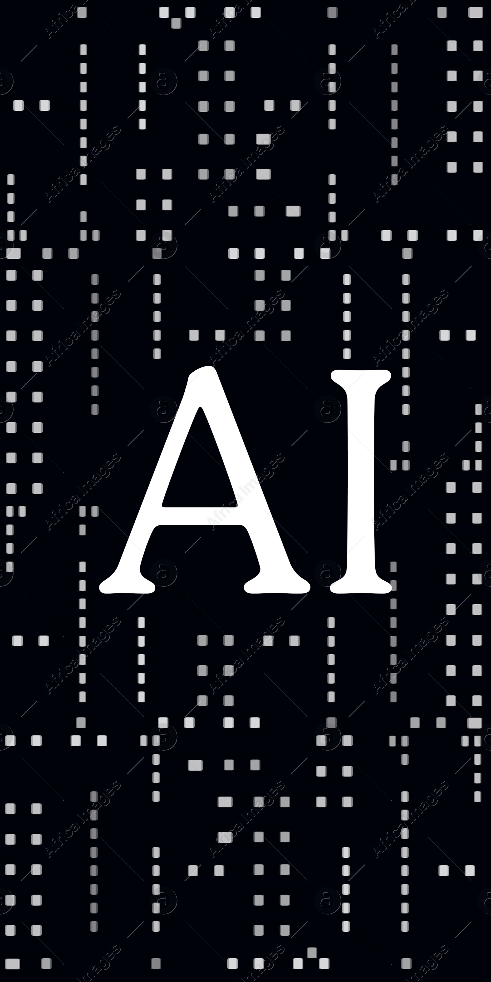 Illustration of AI abbreviation on black background with pattern. Artificial intelligence