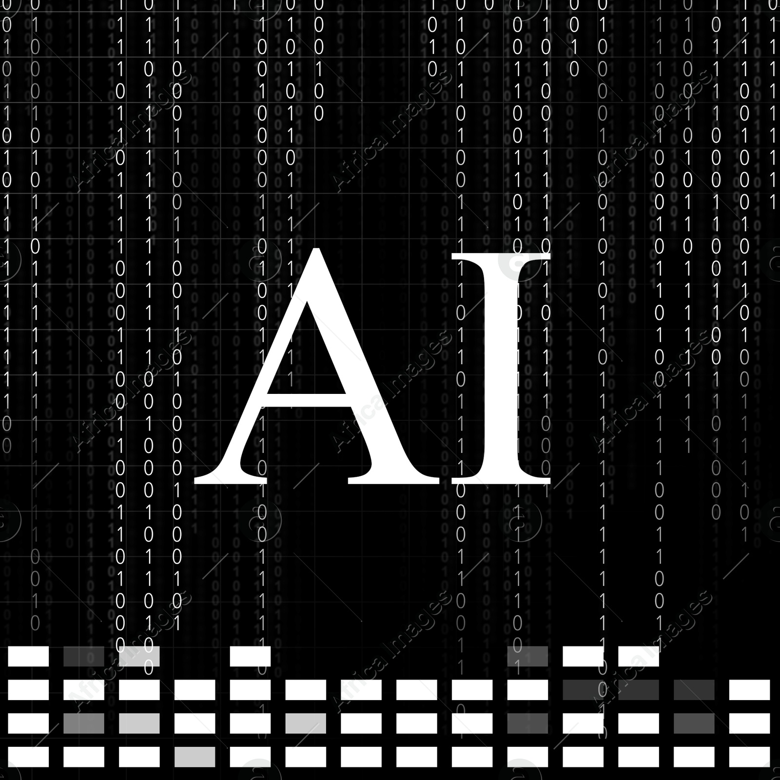 Illustration of AI abbreviation on black background with binary code. Artificial intelligence