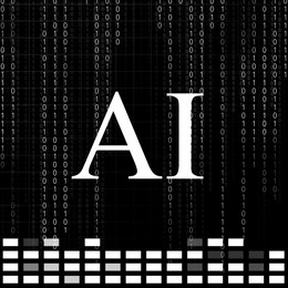 Illustration of AI abbreviation on black background with binary code. Artificial intelligence