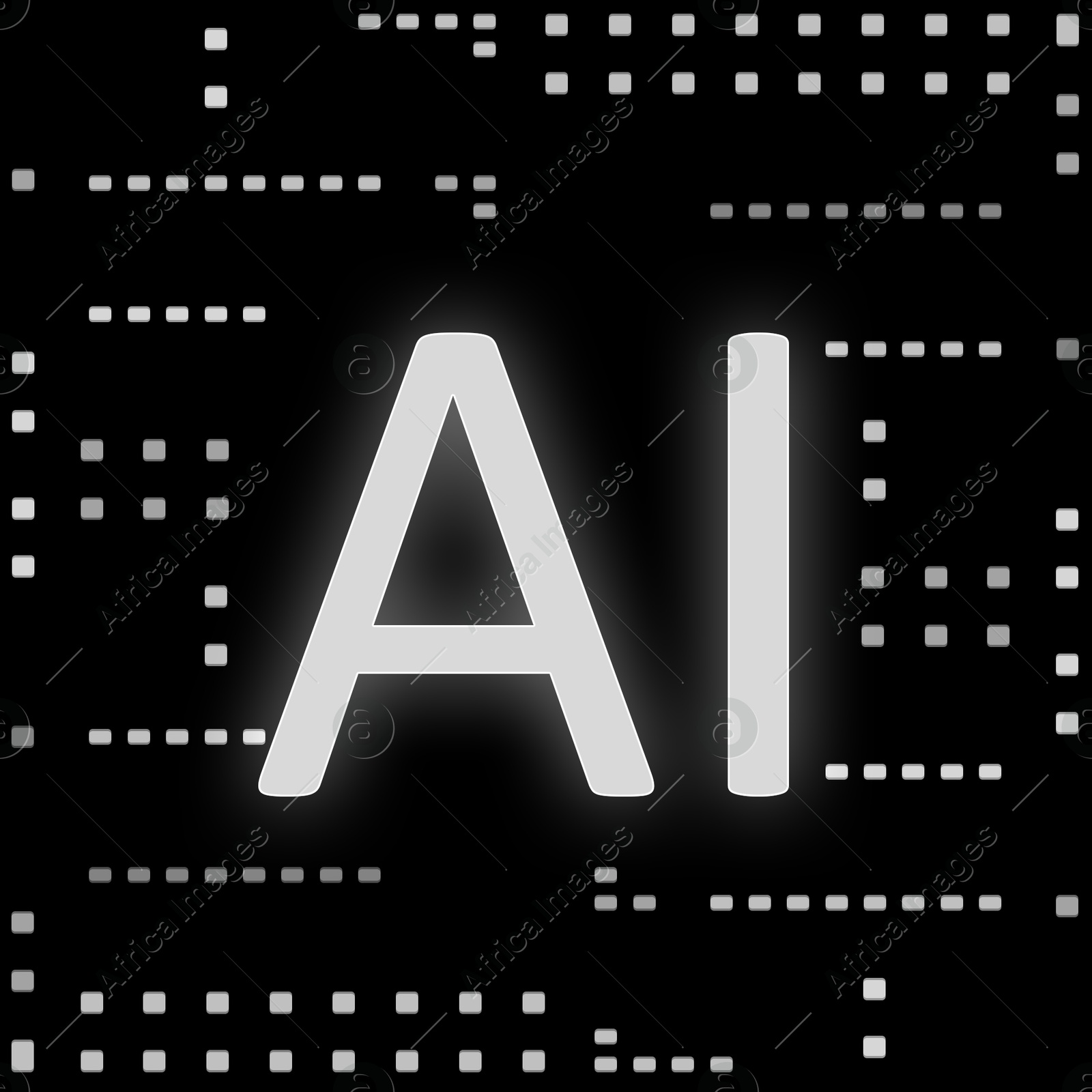 Illustration of AI abbreviation on black background with pattern. Artificial intelligence