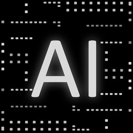 Illustration of AI abbreviation on black background with pattern. Artificial intelligence