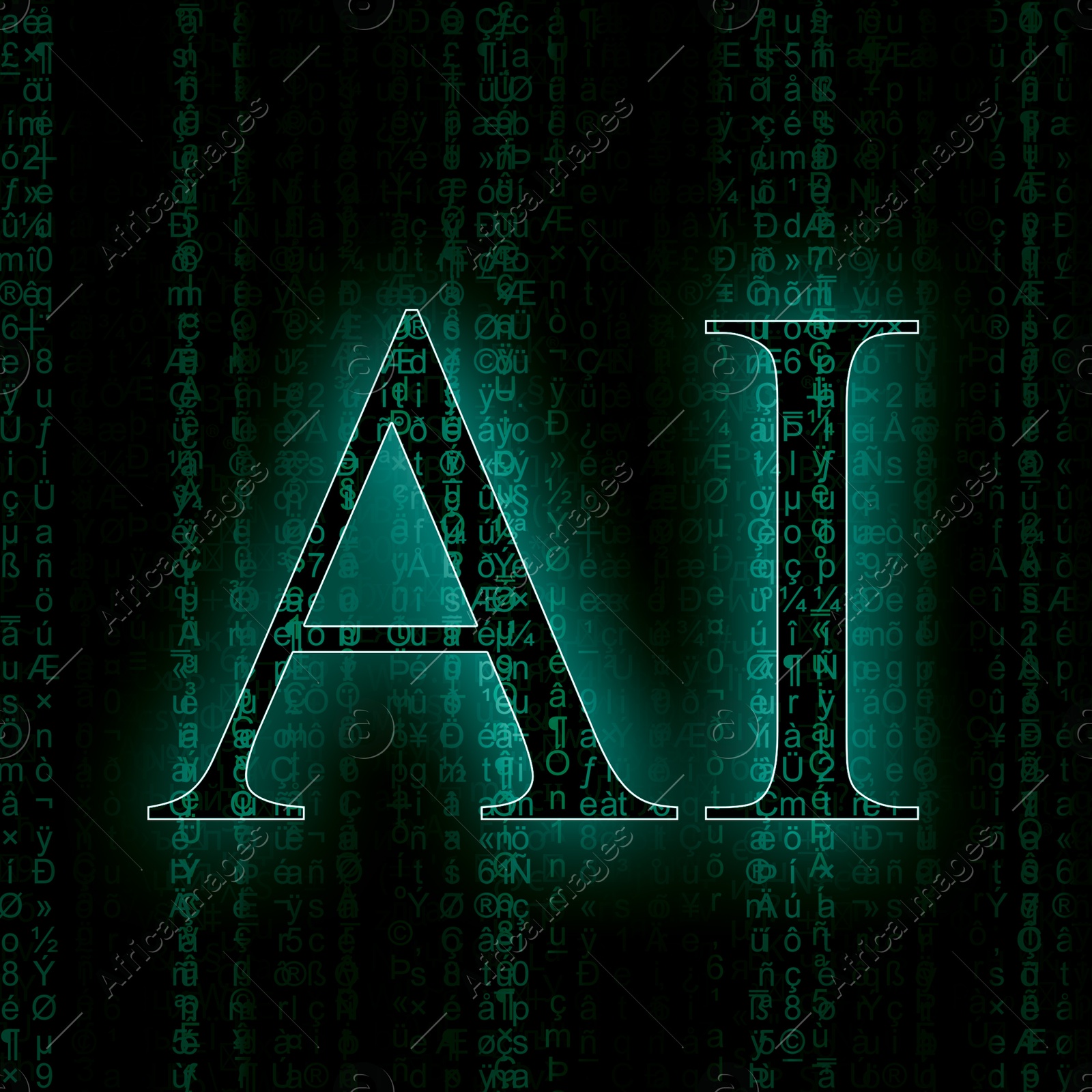 Illustration of AI abbreviation on black background with running code pattern. Artificial intelligence