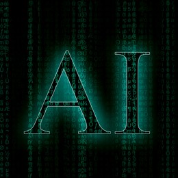 Illustration of AI abbreviation on black background with running code pattern. Artificial intelligence