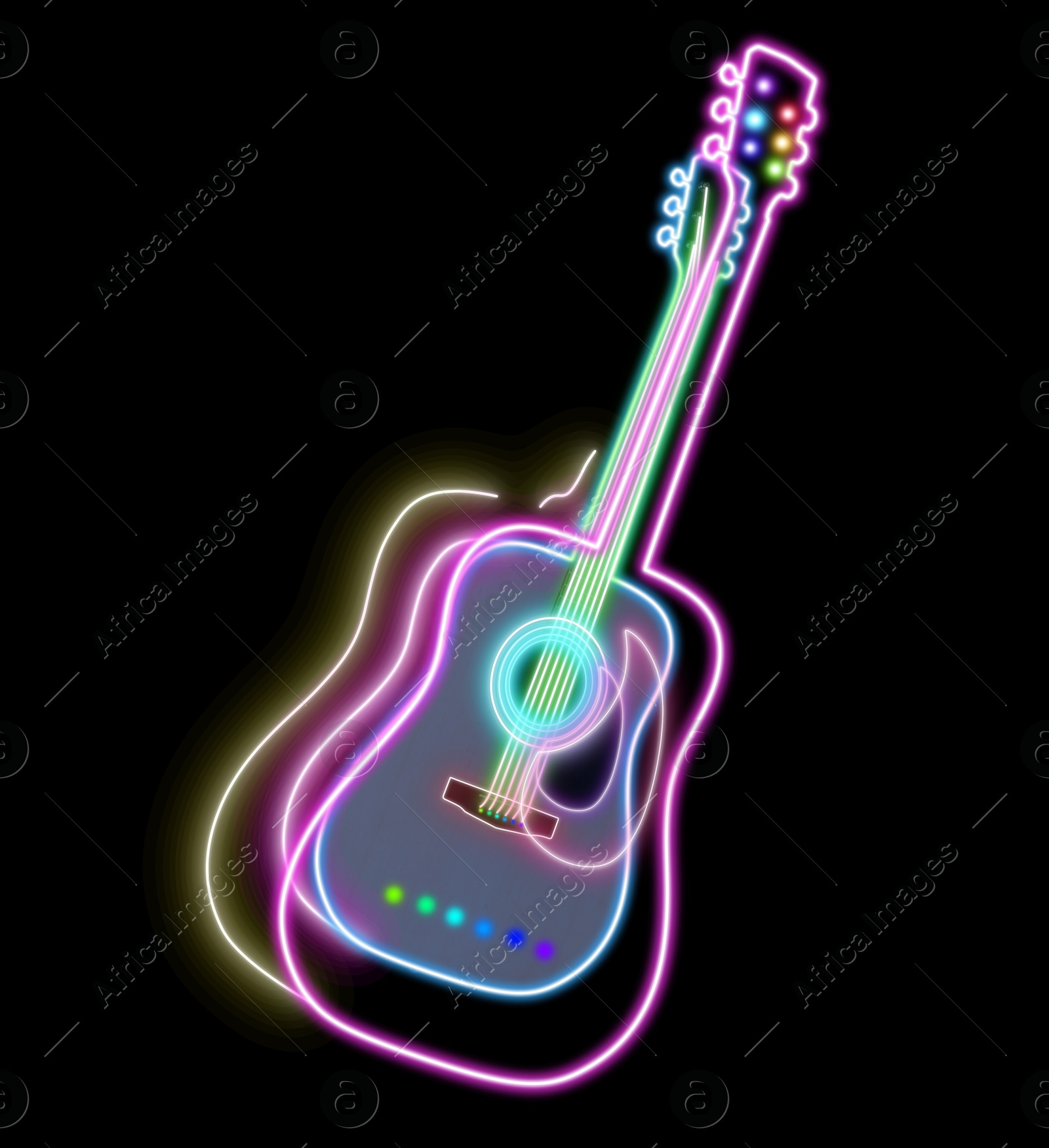 Image of Acoustic guitar with bright neon outlines on black background. Creative poster