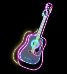 Image of Acoustic guitar with bright neon outlines on black background. Creative poster