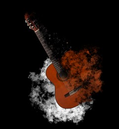 Image of Acoustic guitar dissolving in smoke on black background. Creative poster