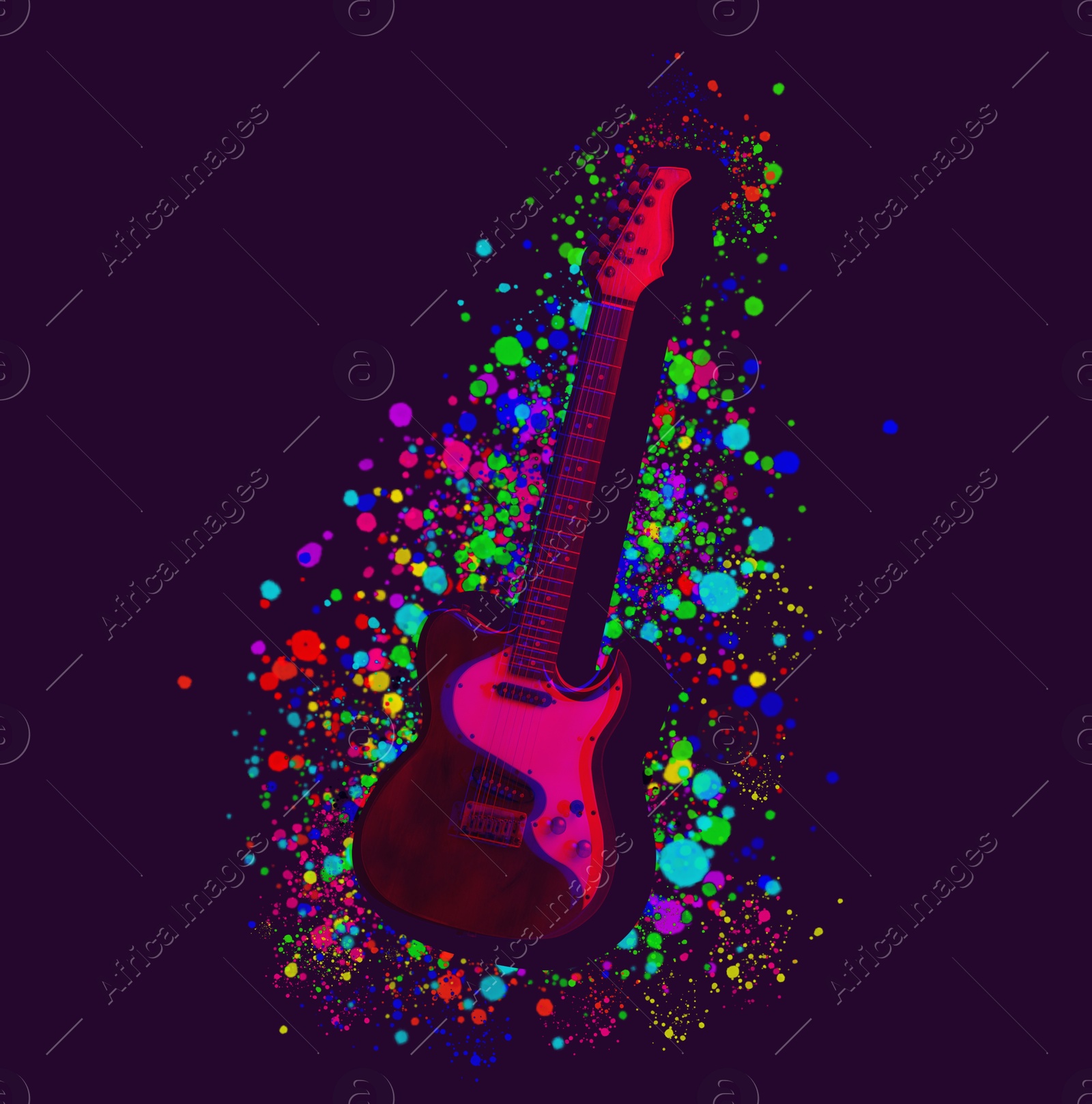 Image of Electric guitar surrounded by bright colorful spots on purple background, glitch effect. Creative poster