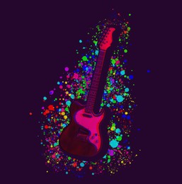 Image of Electric guitar surrounded by bright colorful spots on purple background, glitch effect. Creative poster