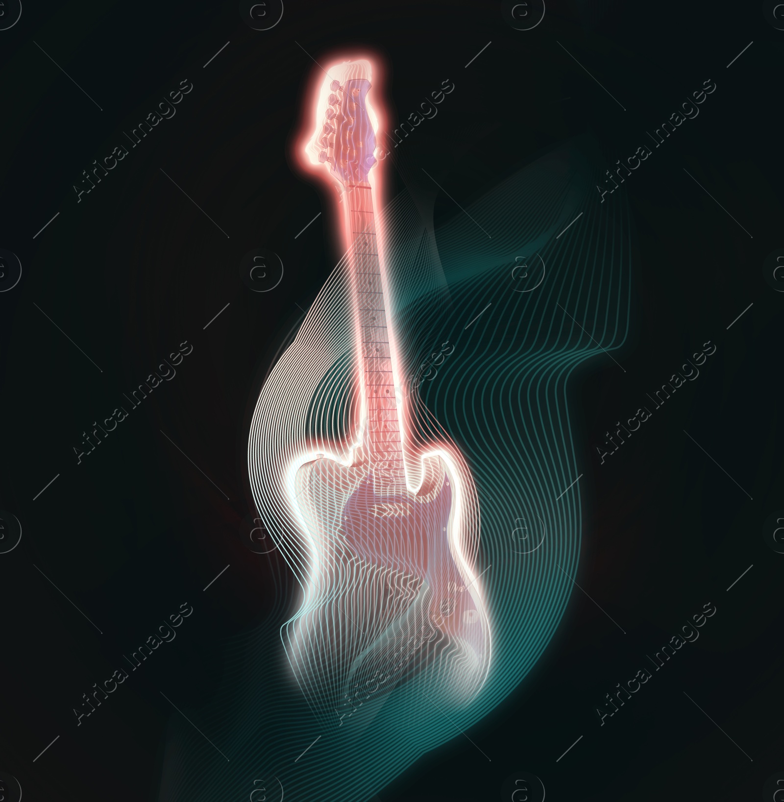 Image of Creative poster with glowing electric guitar on black background