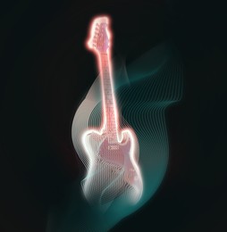 Image of Creative poster with glowing electric guitar on black background