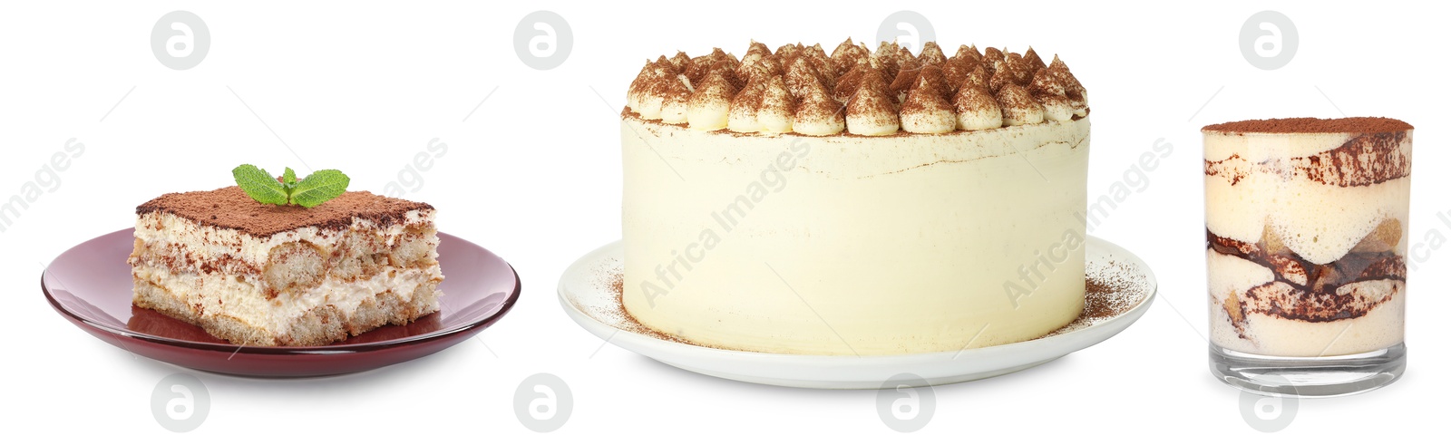 Image of Yummy tiramisu desserts in different variations on white background, set