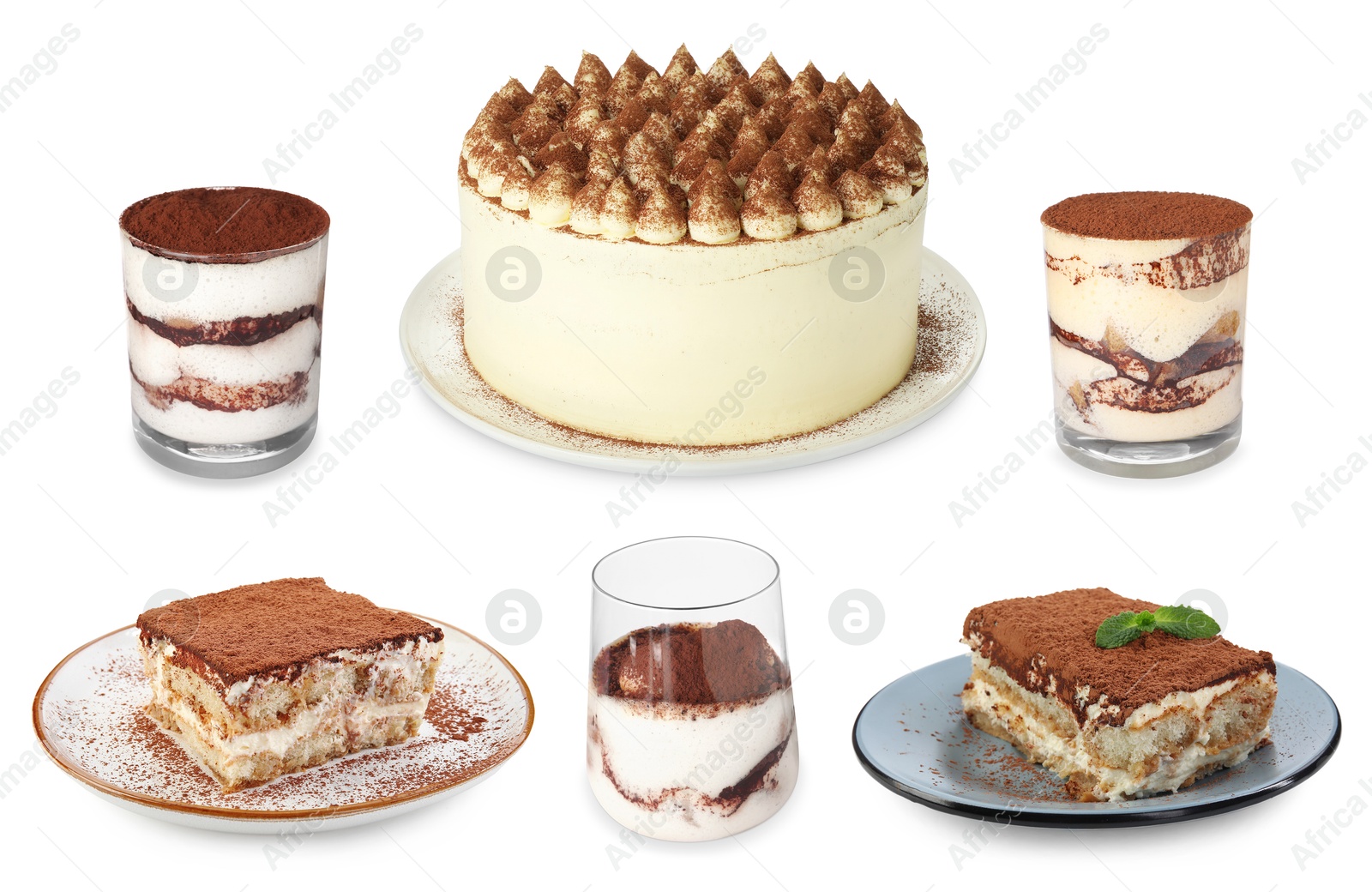 Image of Yummy tiramisu desserts in different variations on white background, set