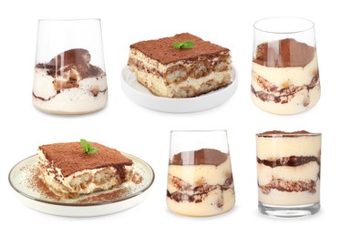 Image of Yummy tiramisu desserts on white background, set