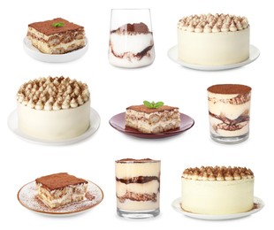 Image of Yummy tiramisu desserts in different variations on white background, set