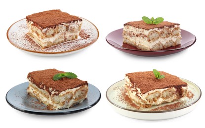 Image of Yummy tiramisu desserts on white background, set