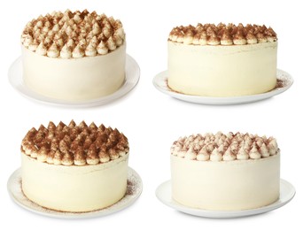 Image of Yummy tiramisu cakes on white background, set