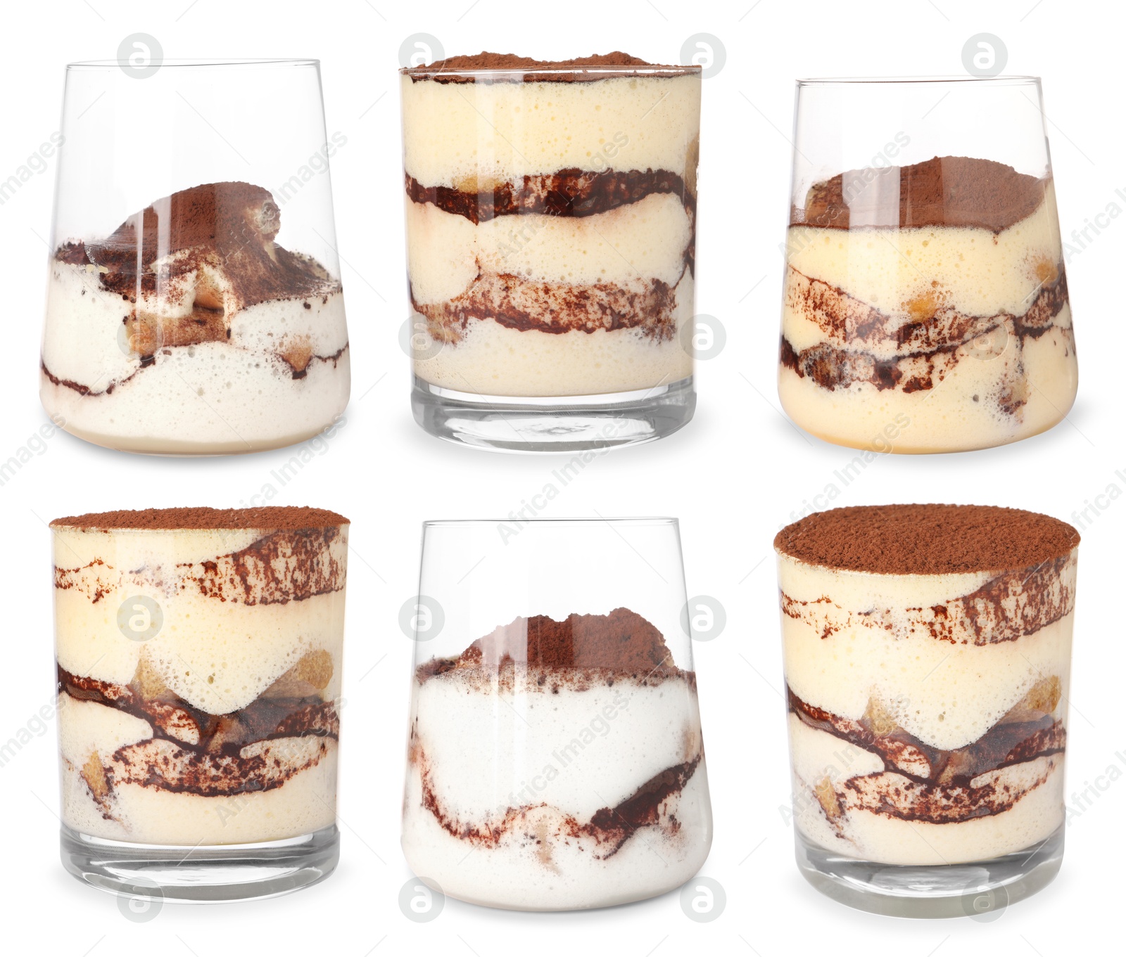 Image of Yummy tiramisu dessert in glasses on white background, set