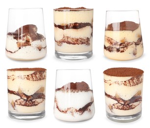 Image of Yummy tiramisu dessert in glasses on white background, set