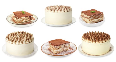 Image of Yummy tiramisu desserts on white background, set