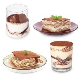 Image of Yummy tiramisu desserts on white background, set