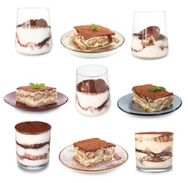 Image of Yummy tiramisu desserts on white background, set