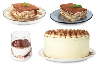 Image of Yummy tiramisu desserts in different variations on white background, set