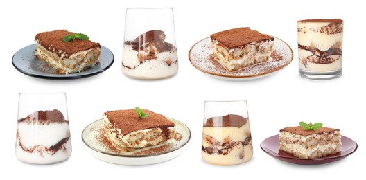 Image of Yummy tiramisu desserts on white background, set