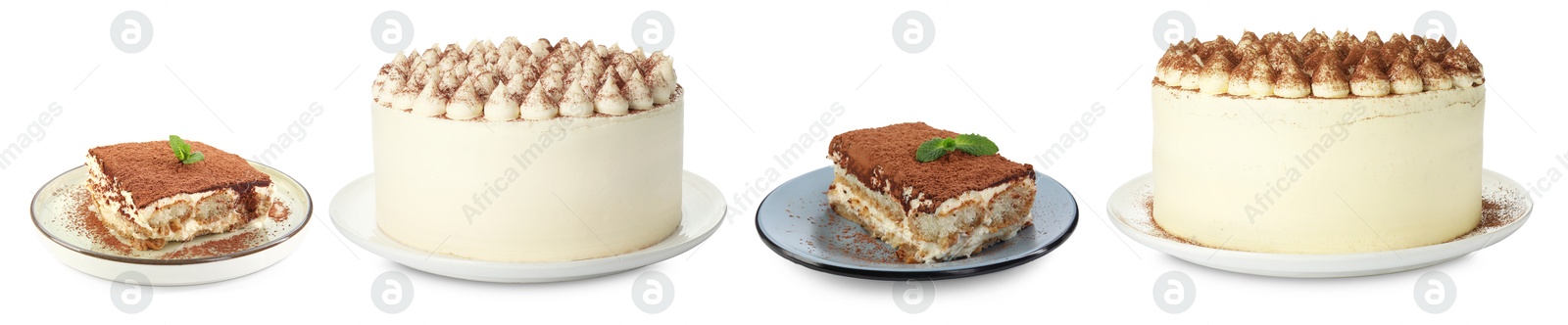 Image of Yummy tiramisu desserts on white background, set