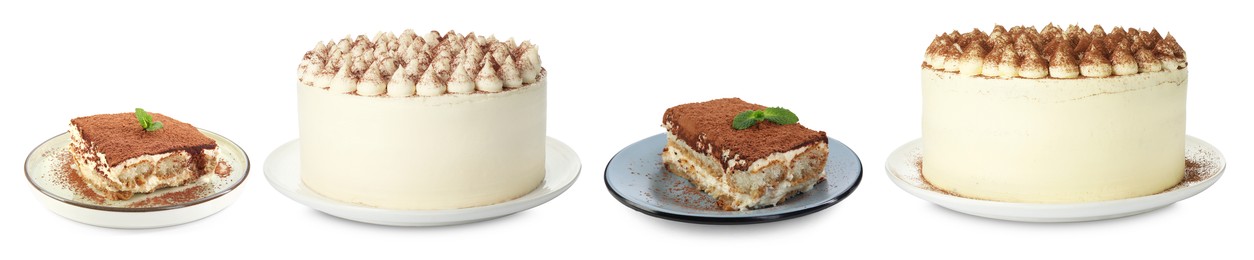 Image of Yummy tiramisu desserts on white background, set