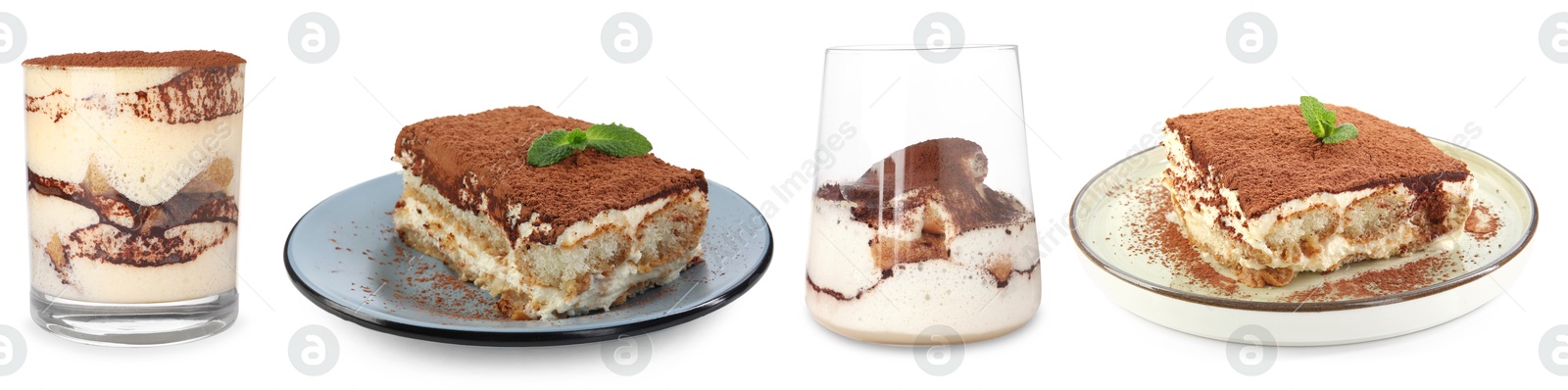 Image of Yummy tiramisu desserts on white background, set