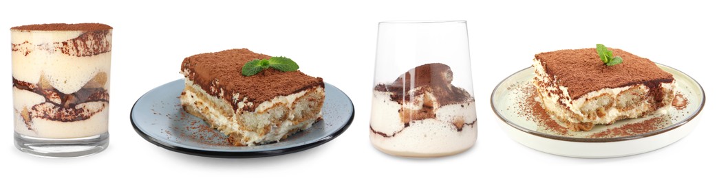 Image of Yummy tiramisu desserts on white background, set