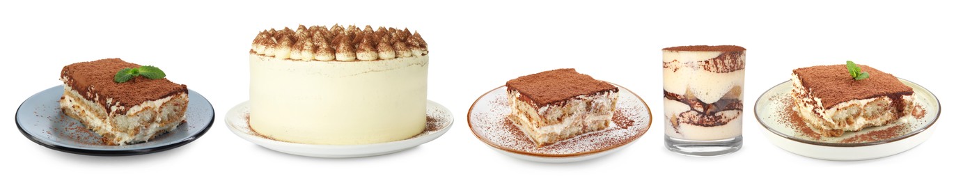 Image of Yummy tiramisu desserts in different variations on white background, set