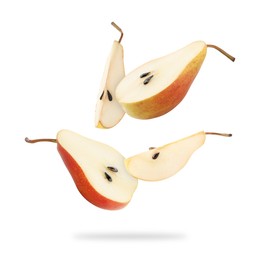 Fresh sliced pears in air on white background