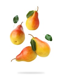 Image of Fresh juicy pears in air on white background