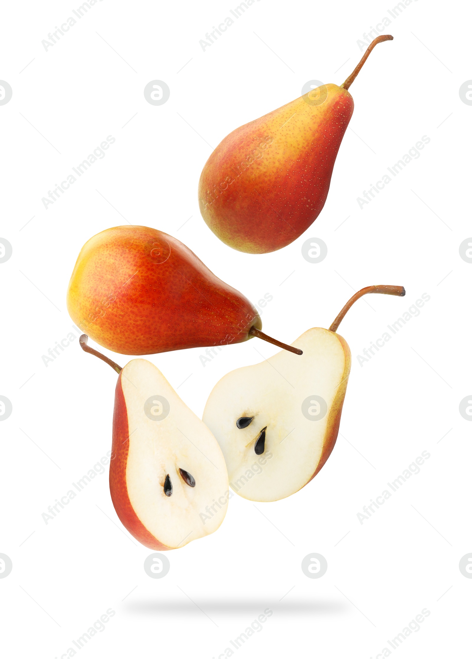 Image of Fresh juicy pears in air on white background