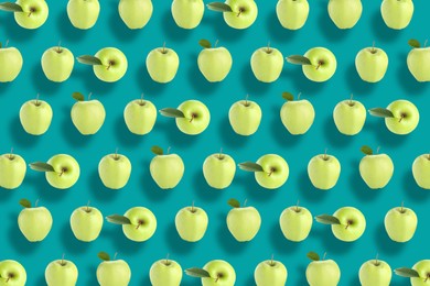 Image of Pattern of fresh green apples on turquoise background