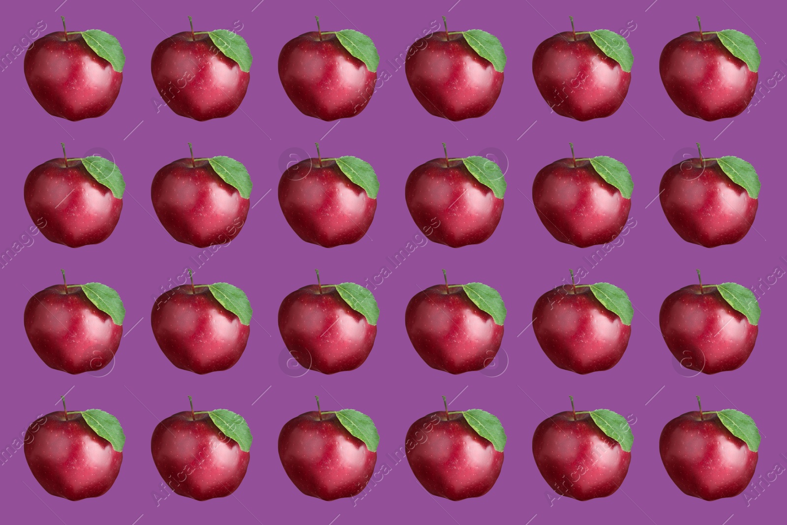 Image of Pattern of fresh red apples on purple background