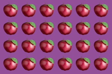 Image of Pattern of fresh red apples on purple background