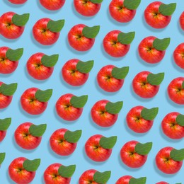 Image of Pattern of fresh red apples on light blue background