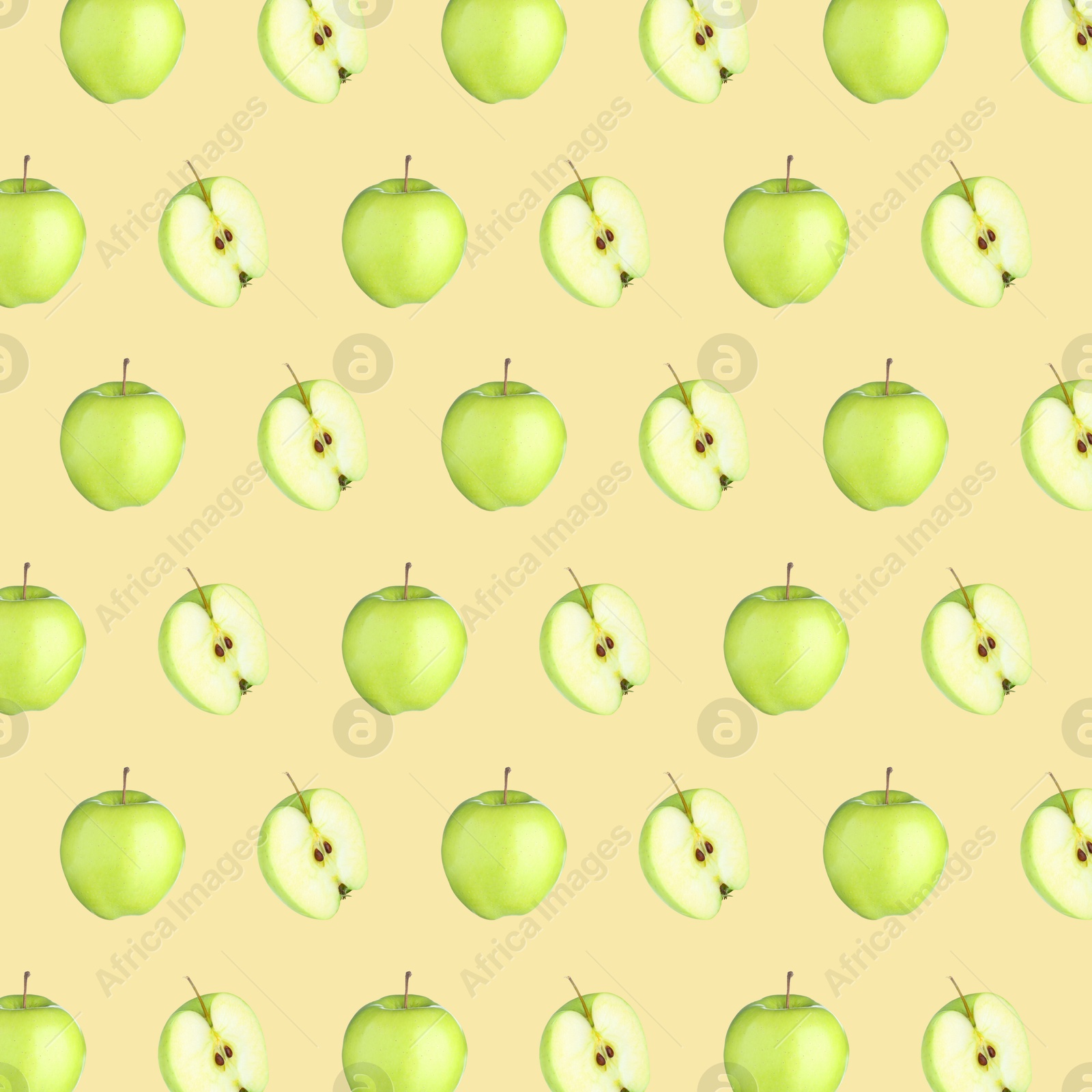 Image of Pattern of fresh green apples on beige background