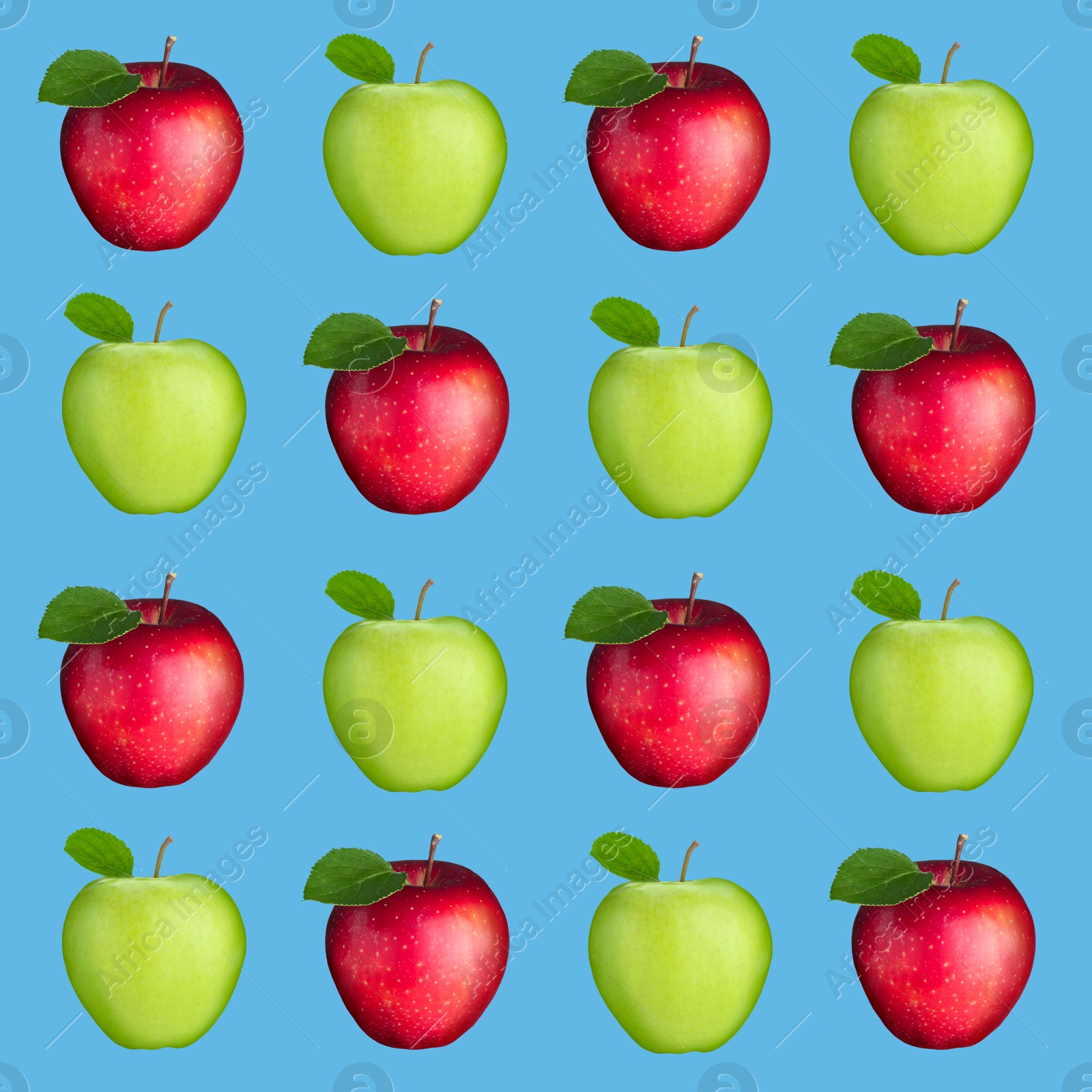 Image of Pattern of fresh green and red apples on blue background