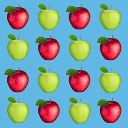 Image of Pattern of fresh green and red apples on blue background