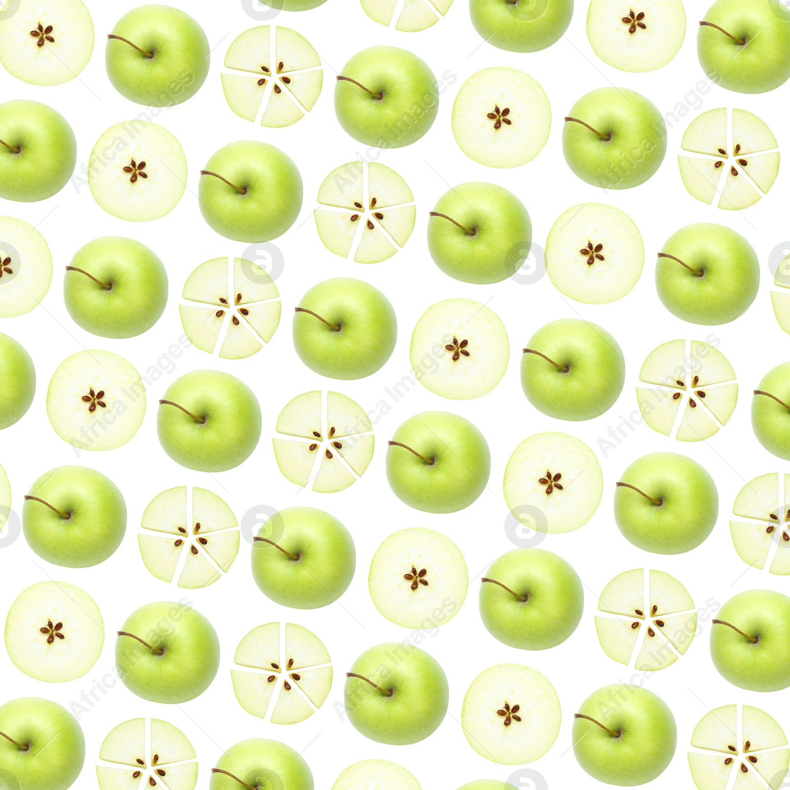 Image of Pattern of fresh green apples on white background